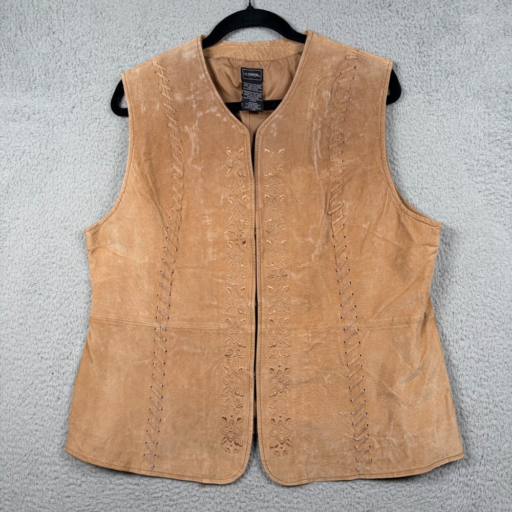 Outbrook Womens XL‎ Leather Embroidered Tan Whipstitch Vest Boho Cowgirl Western